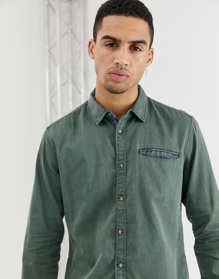 Esprit Slim Fit Structured Washed Denim Shirt In Olive - Green