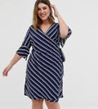 Unique21 Hero 3/4 Sleeve Striped Wrap Front Dress - Blue