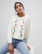 Asos Design Cropped Cable Sweater With Floral Embroidery - Cream