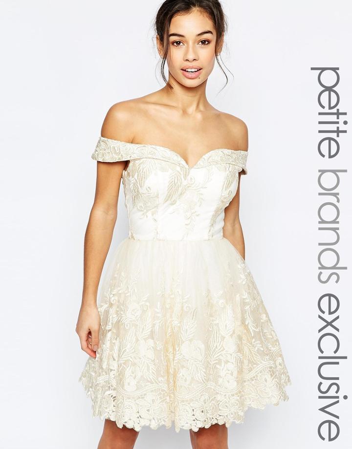 Chi Chi London Petite Bardot Lace Prom Dress - Cream
