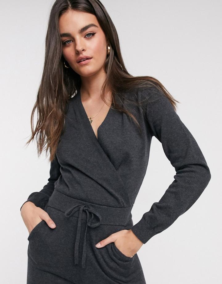 M Lounge Long Sleeve Knitted Jumpsuit With Tie Waist-grey