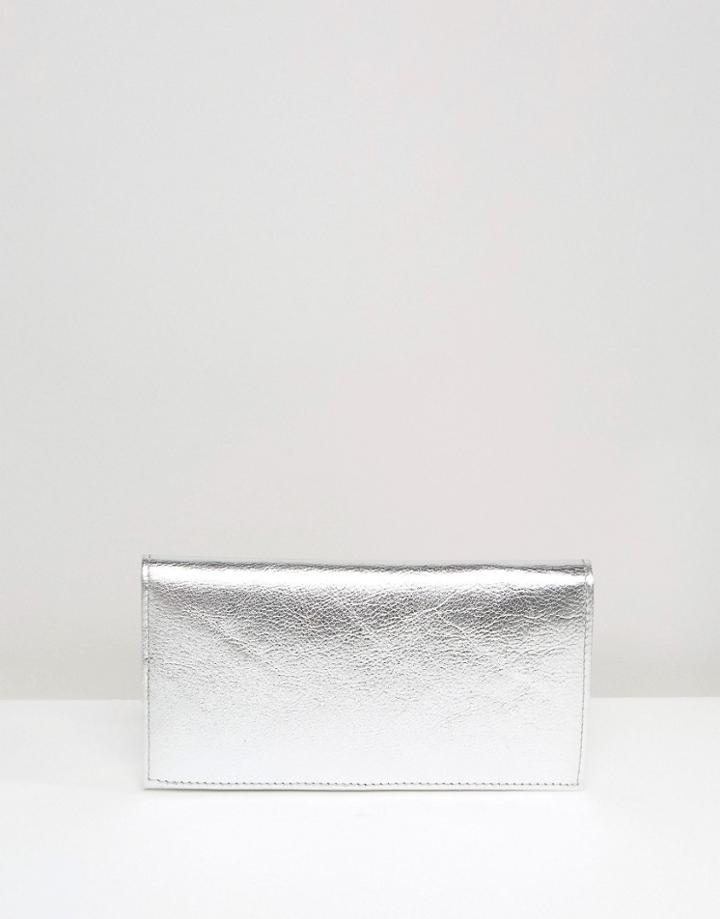 Asos Slim Metallic Leather Foldover Purse - Silver