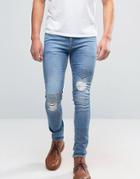 Asos Super Skinny Embroidered Jeans With Rips In Mid Wash - Blue