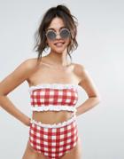 Asos Gingham Print Cotton Frill Bandeau Bikini Top - Multi