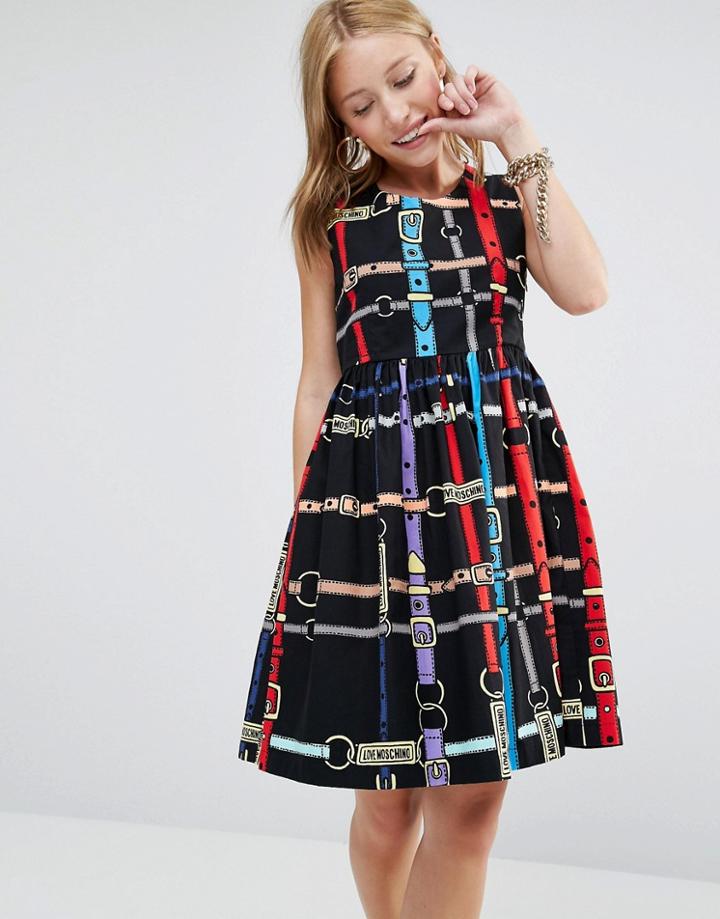 Love Moschino All Over Belt Print Skater Dress - Black