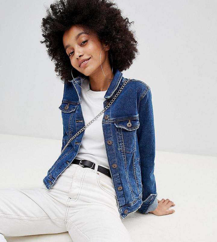 Bershka Minimal Denim Jacket In Mid Blue - Blue