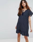 Vero Moda Frill Sleeve Printed Dress With Tie Detail - Navy