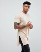 Asos Design Super Longline T-shirt With Extra Long Side Splits And Raw Edges In Beige - Beige