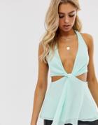 Asos Design Knot Front Halter Neck Top With Cut Out Detail - Green