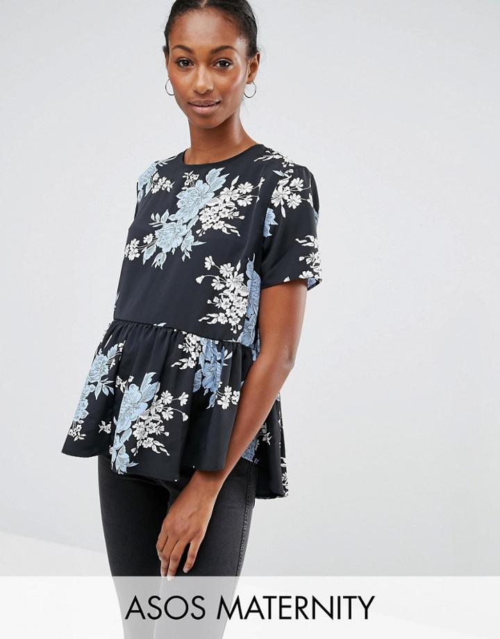 Asos Maternity Navy Floral Frill Hem Tee - Multi