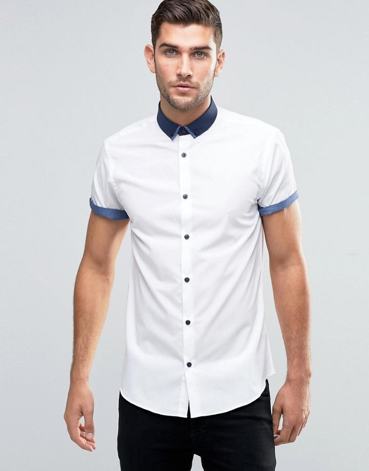 New Look Roll Sleeve Smart Shirt With Contrast Collar In White In Regu