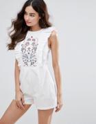 Fashion Union Romper With Frills & Embroidery - White