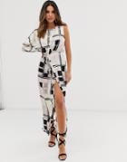 Asos Design One Sleeve Satin Maxi Dress In Mono Check Print-multi