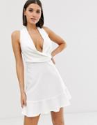 Asos Design Halter Mini Dress With Pephem-white