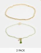 Asos Design Pack Of 2 Stretch Bracelets In Mixed Beads With Mini Charms In Gold Tone