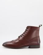 Asos Design Brogue Boots In Brown Leather With Black Sole