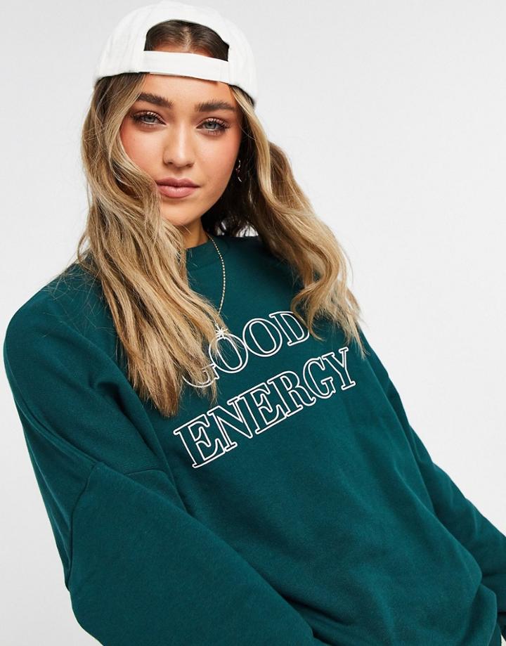Asos Design Sweatshirt With Good Energy Graphic In Forest Green