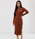 Asos Design Petite Fine Knit Ribbed Midi Dress In Recycled Blend-brown
