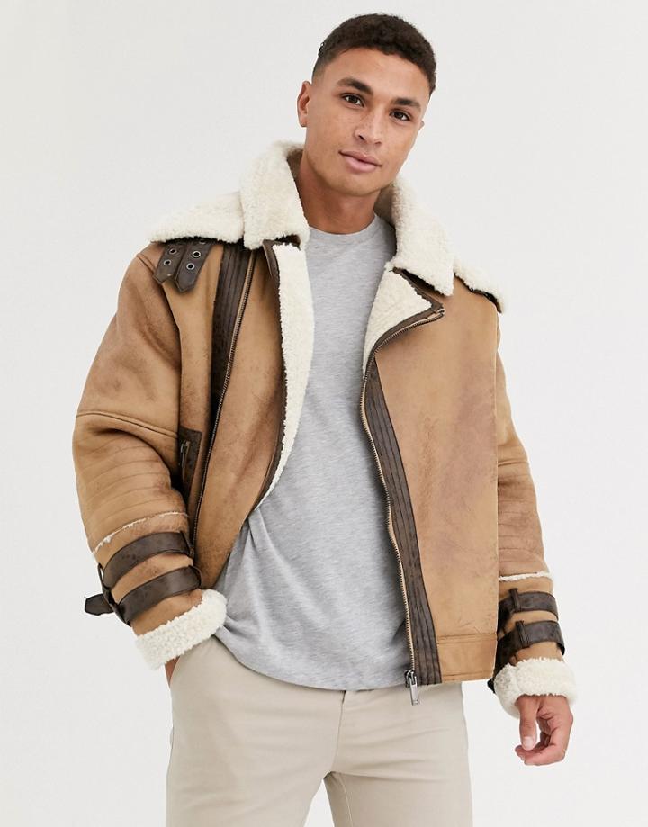 River Island Fleece Lined Aviator Coat In Tan