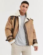 River Island Fleece Lined Aviator Coat In Tan