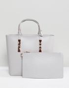 Ted Baker Structured Leather Tote Bag With Adjustable Handles - Gray