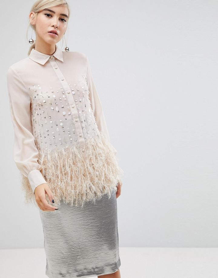 Lost Ink Shirt With Premium Sequin Embellishment And Faux Feather Trim - Cream