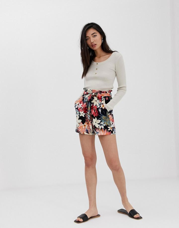 Stradivarius Tie Waist Short In Tropical Print-multi