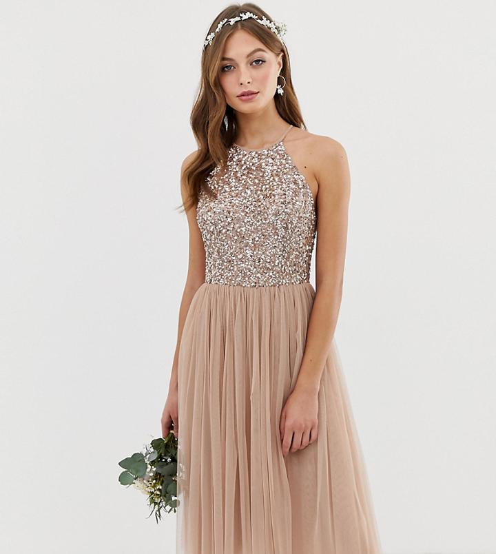 Maya Bridesmaid Halter Neck Midi Tulle Dress With Tonal Delicate Sequins In Taupe Blush-brown
