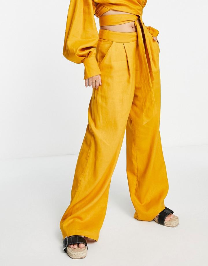Asos Edition Pleat Front Linen Wide Leg Pants In Mustard-yellow