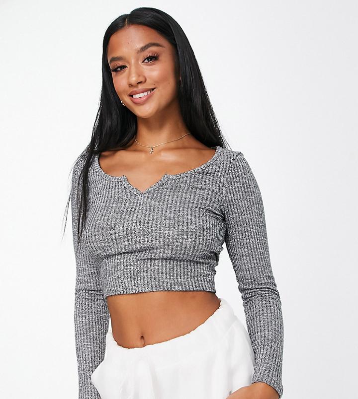 Asos Design Petite Long Sleeve Ribbed Top With Notch Neck In Gray Heather