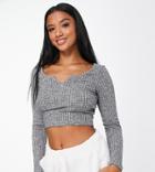 Asos Design Petite Long Sleeve Ribbed Top With Notch Neck In Gray Heather