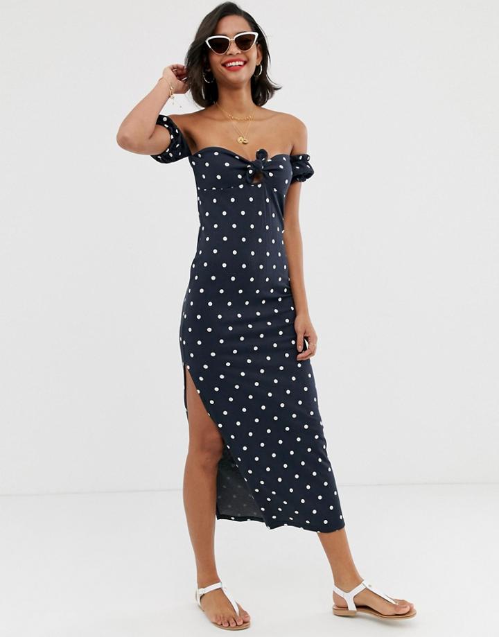 Asos Design Off Shoulder Crinkle Maxi Sundress With Puff Sleeve In Polka Dot-multi