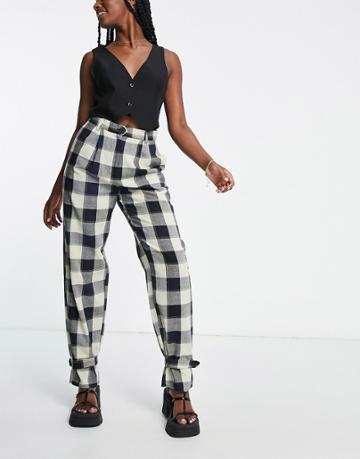 Lola May Tie Cuff Tailored Pants In Check-black