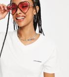 Collusion Unisex Vintage Fit V Neck T-shirt With Logo Print In Ecru-white