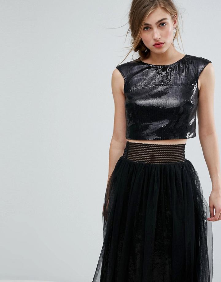 Little Mistress Allover Sequin Crop Top - Black