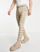 Asos Design Tapered Pants With Side Belt In Stone Window Checks-neutral
