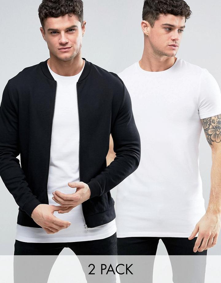 Asos Jersey Bomber Jacket/t-shirt In Black/white Save - Multi