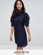 Fashion Union Petite High Neck A Line Dress In Lace - Navy