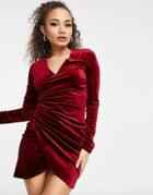 Flounce London Velvet Wrap Dress With Ruched Side In Wine-red