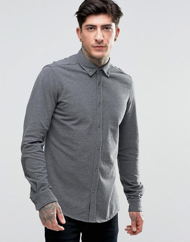 Scotch & Soda Shirt In Plique Stretch Slim Fit In Charcoal Marl - Gray