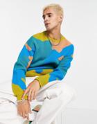 Asos Design Oversized Sweater With Camo Pattern In Blue