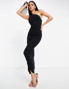 Asos Design One Shoulder Ruched Body-conscious Dress With Tie Back Midaxi In Black