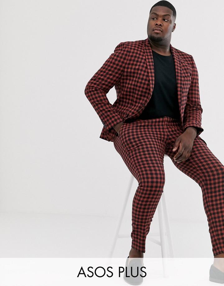 Asos Design Plus Super Skinny Suit Pants In Brushed Navy And Orange Check - Navy