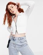 The Ragged Priest Ribbed Zip Front Crop Top With Collar-white