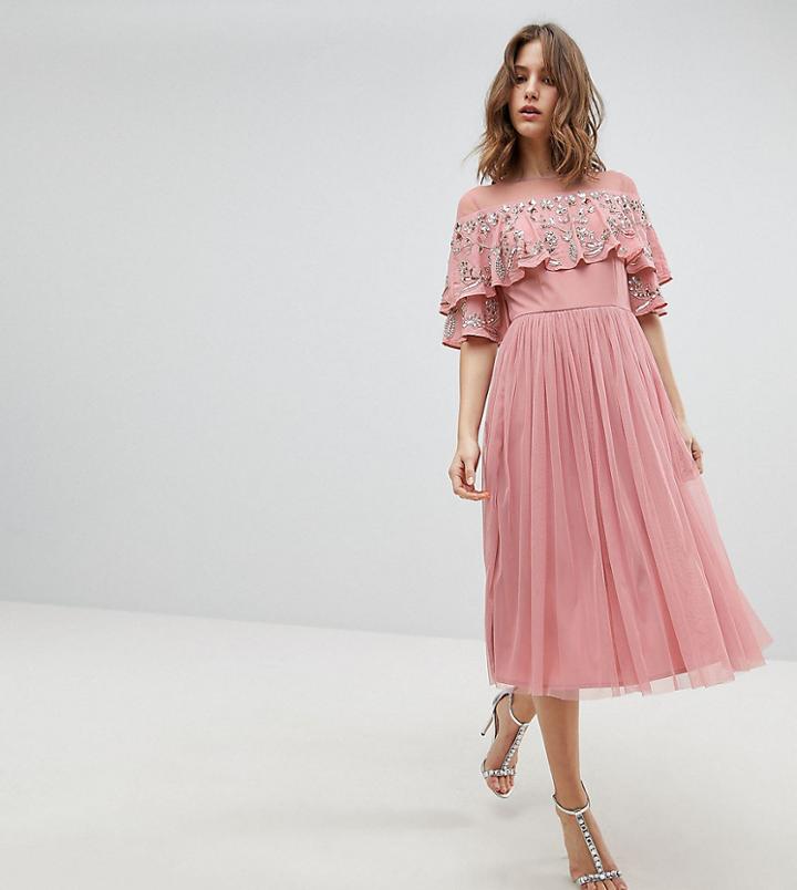 Maya Sheer Detail Sequin Cape Overlay Detail Midi Dress - Pink