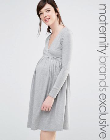 Club L Lounge Maternity Long Sleeve Wrap Front Skater Dress - Gray