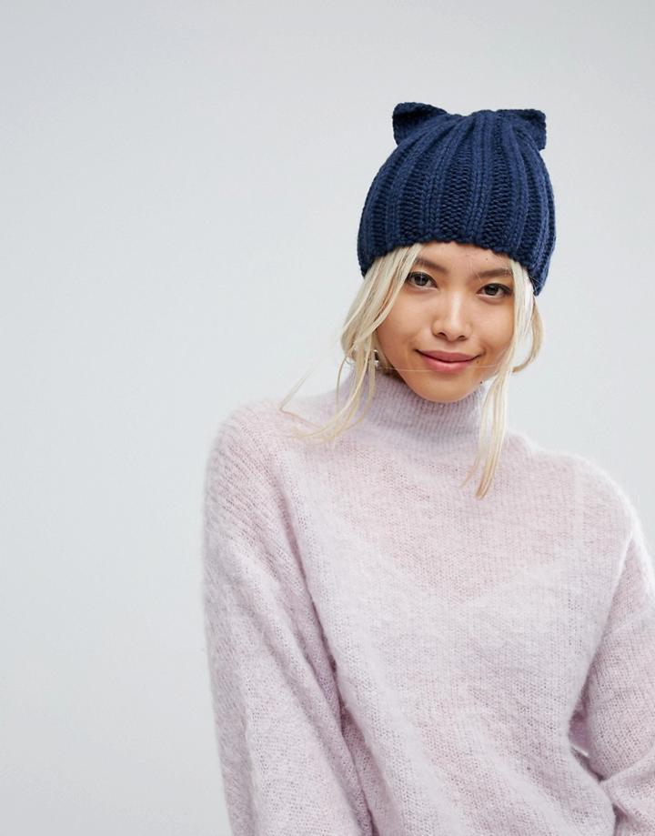 Helene Berman Knit Cat Ear Hat In Navy - Navy