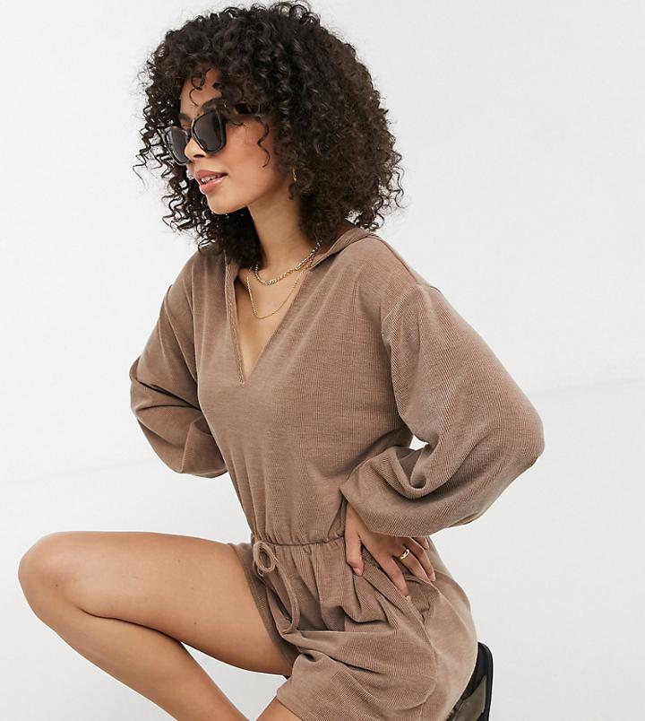 Asos Design Tall Hoody Rib Romper In Chocolate Brown