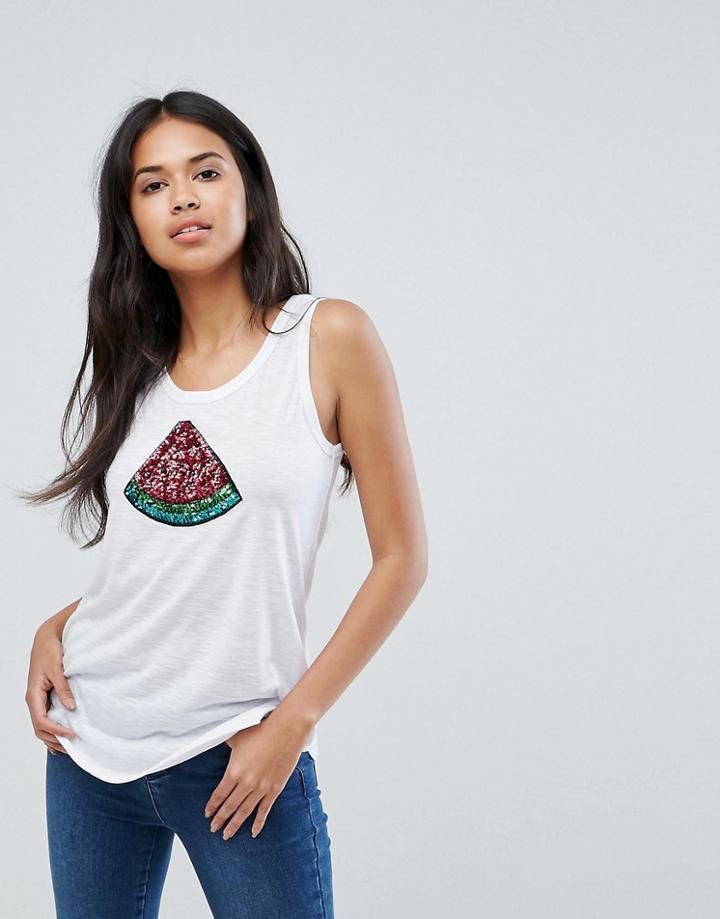 Brave Soul Tank With Melon Sequin Badge - White