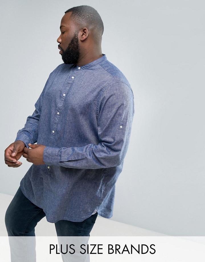 Tommy Hilfiger Plus Collarless Shirt Cotton Linen Chambray In Navy - Navy